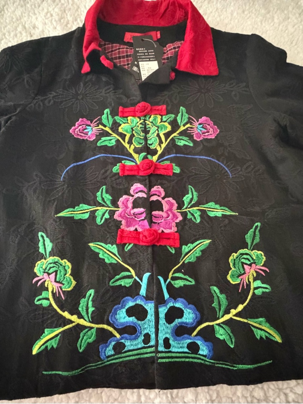 Black Embroidered Jacket with Red Collar and Multicolor Floral Detail - Picture 11 of 12